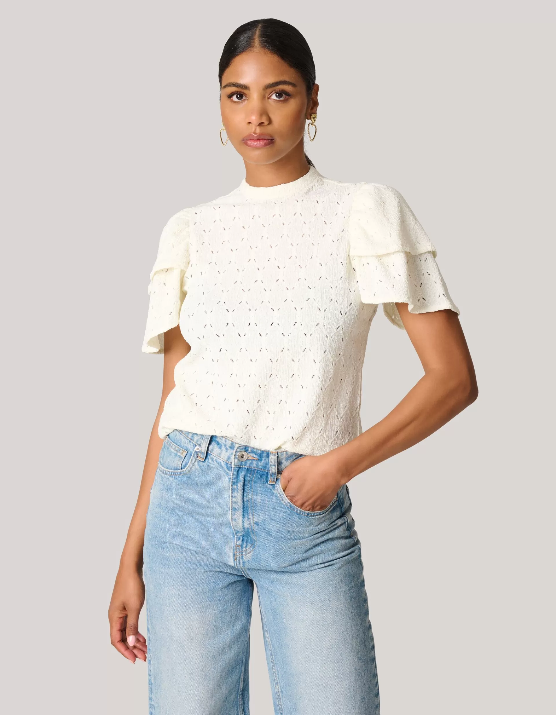 Ajour Ruffle Top Gebroken Wit>Shoeby Store