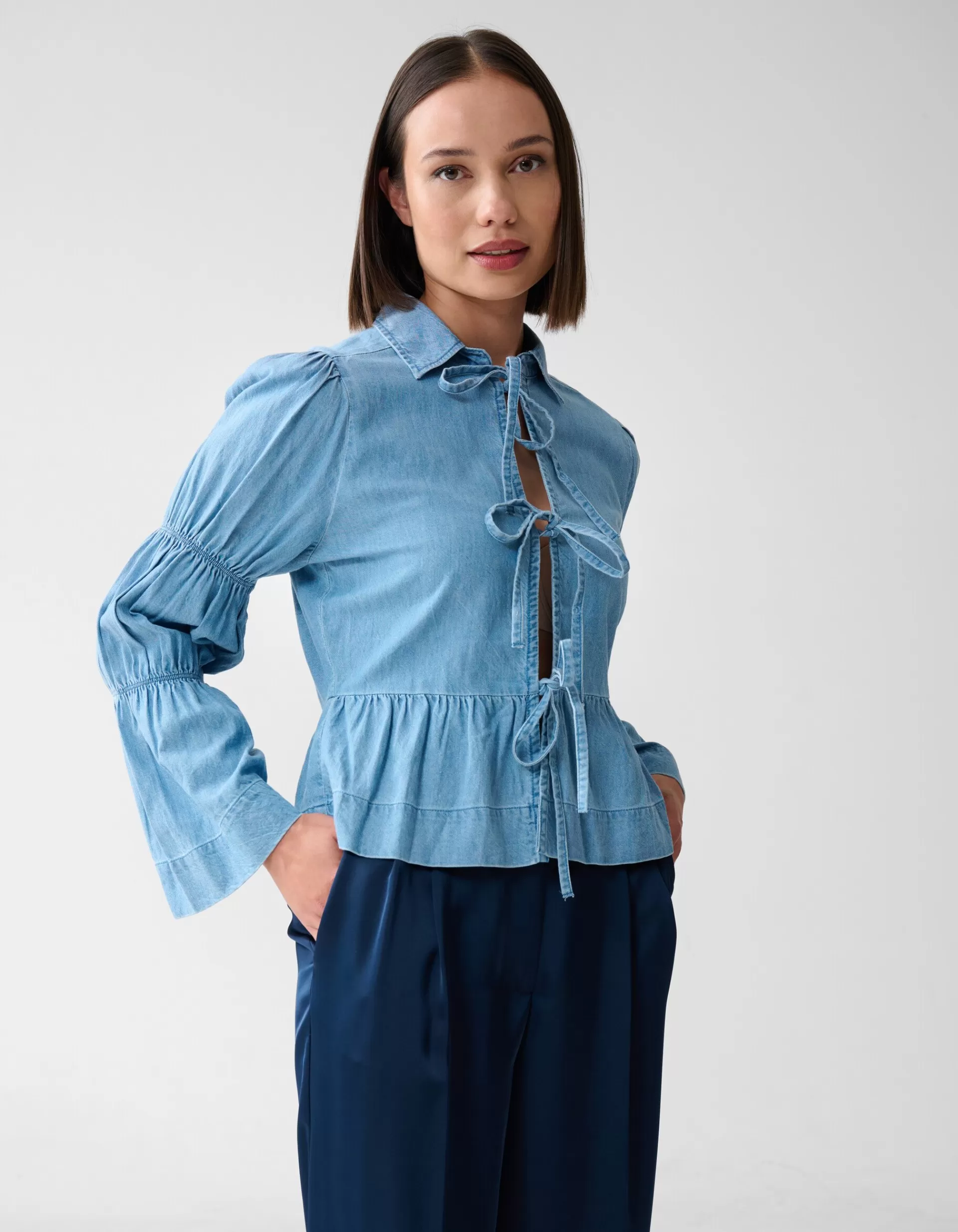 Denim Bow Blouse Blauw>Shoeby Outlet