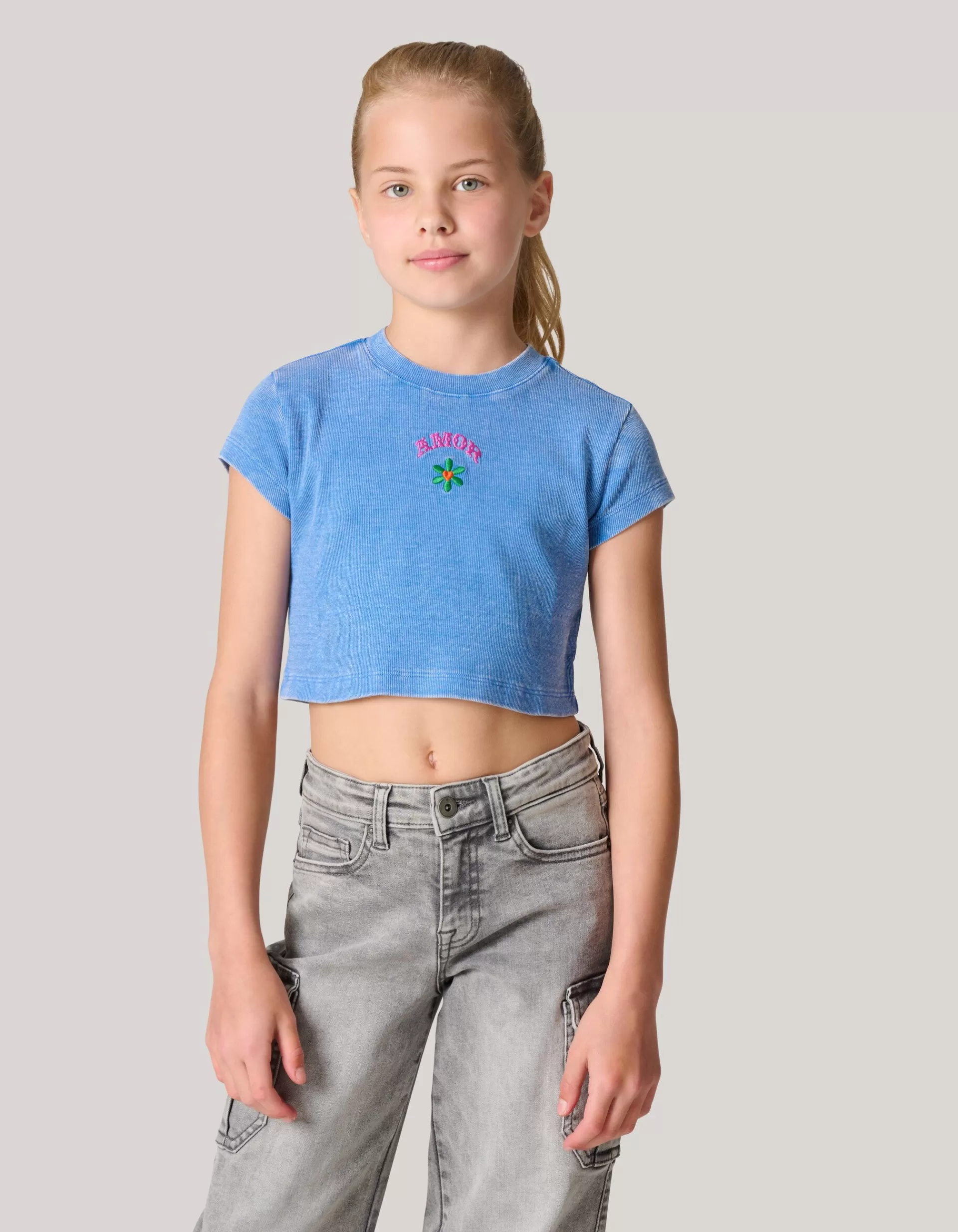 Embroidery Crop Top Blauw>Shoeby Outlet