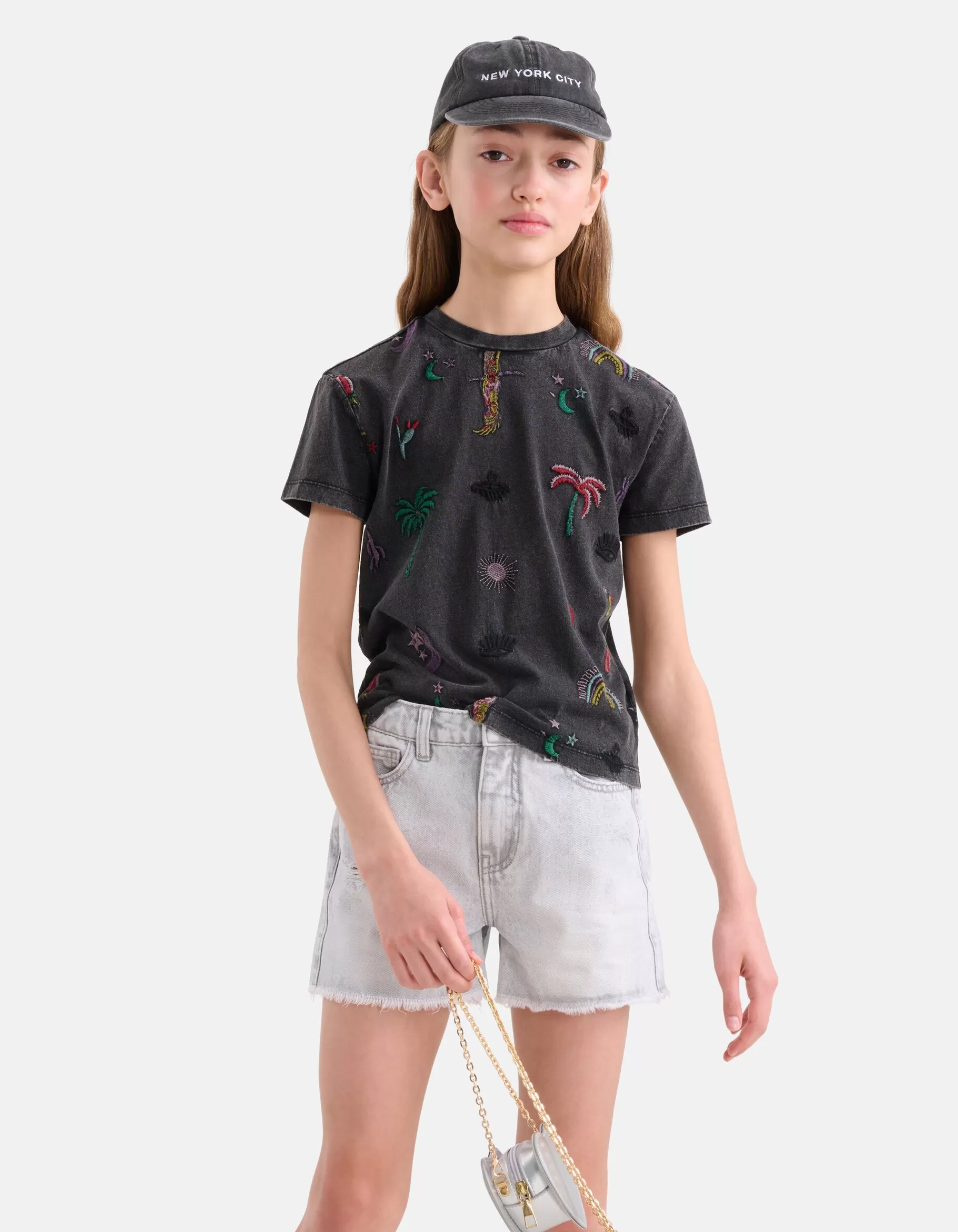 Embroidery T-shirt Donkergrijs>Shoeby Discount