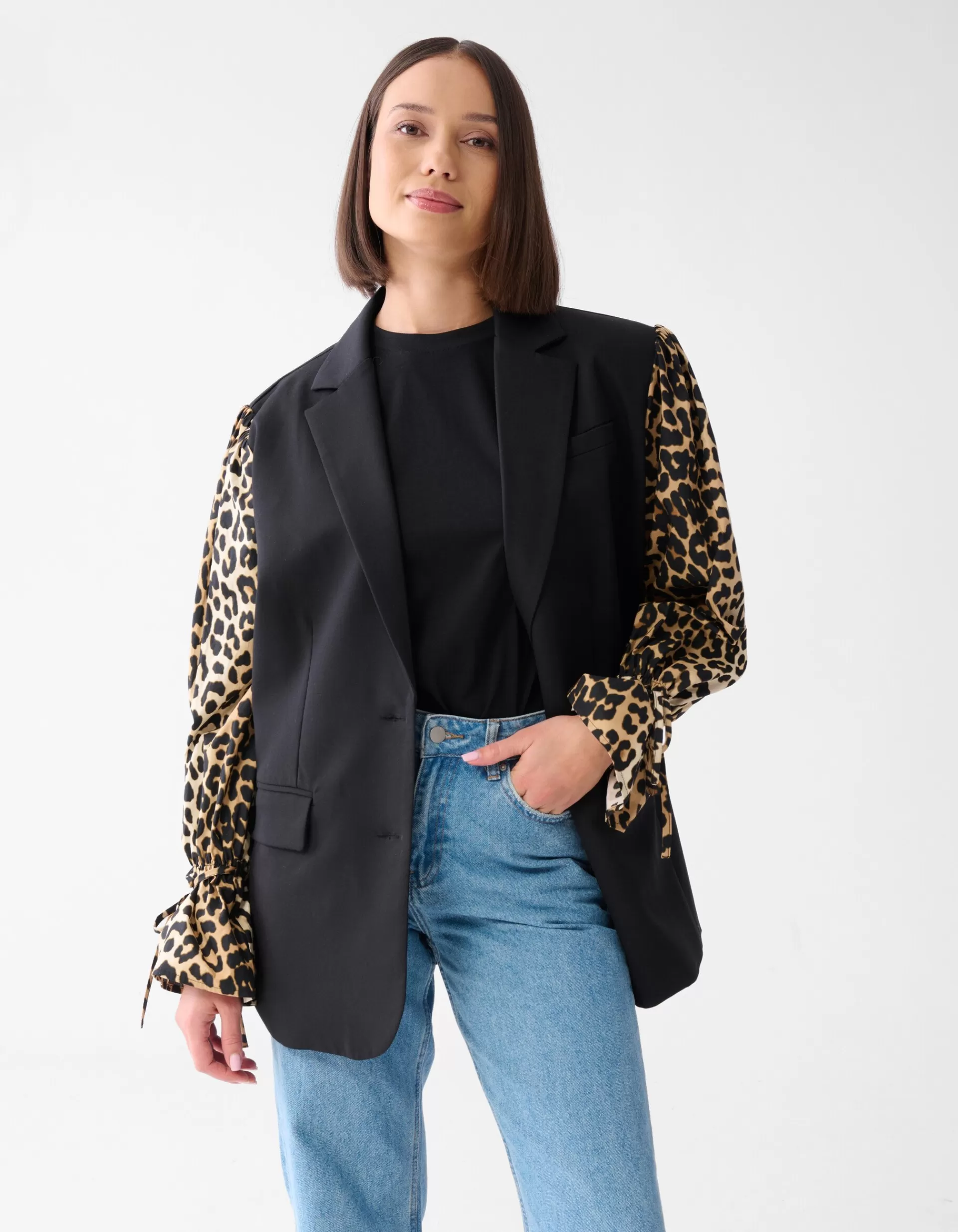 Leopard Poplin Sleeve Blazer Zwart>Shoeby Outlet