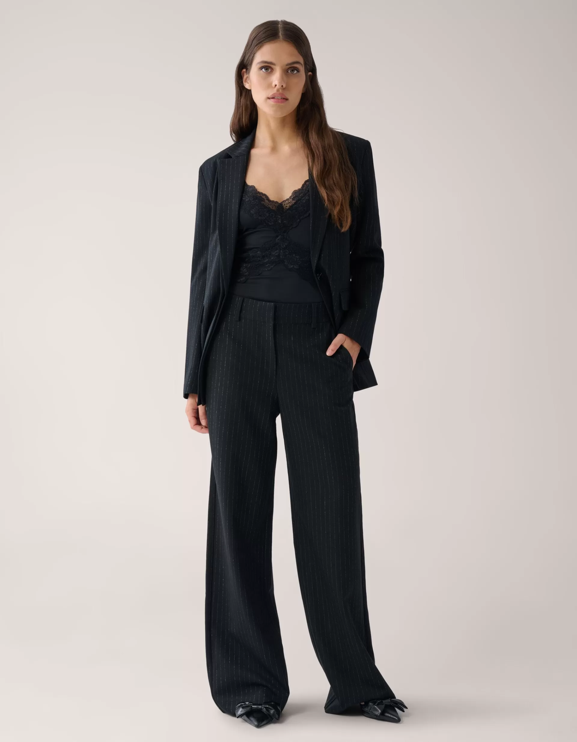 Lurex Pinstripe Wide Leg Pantalon Zwart By Mieke>Shoeby Discount