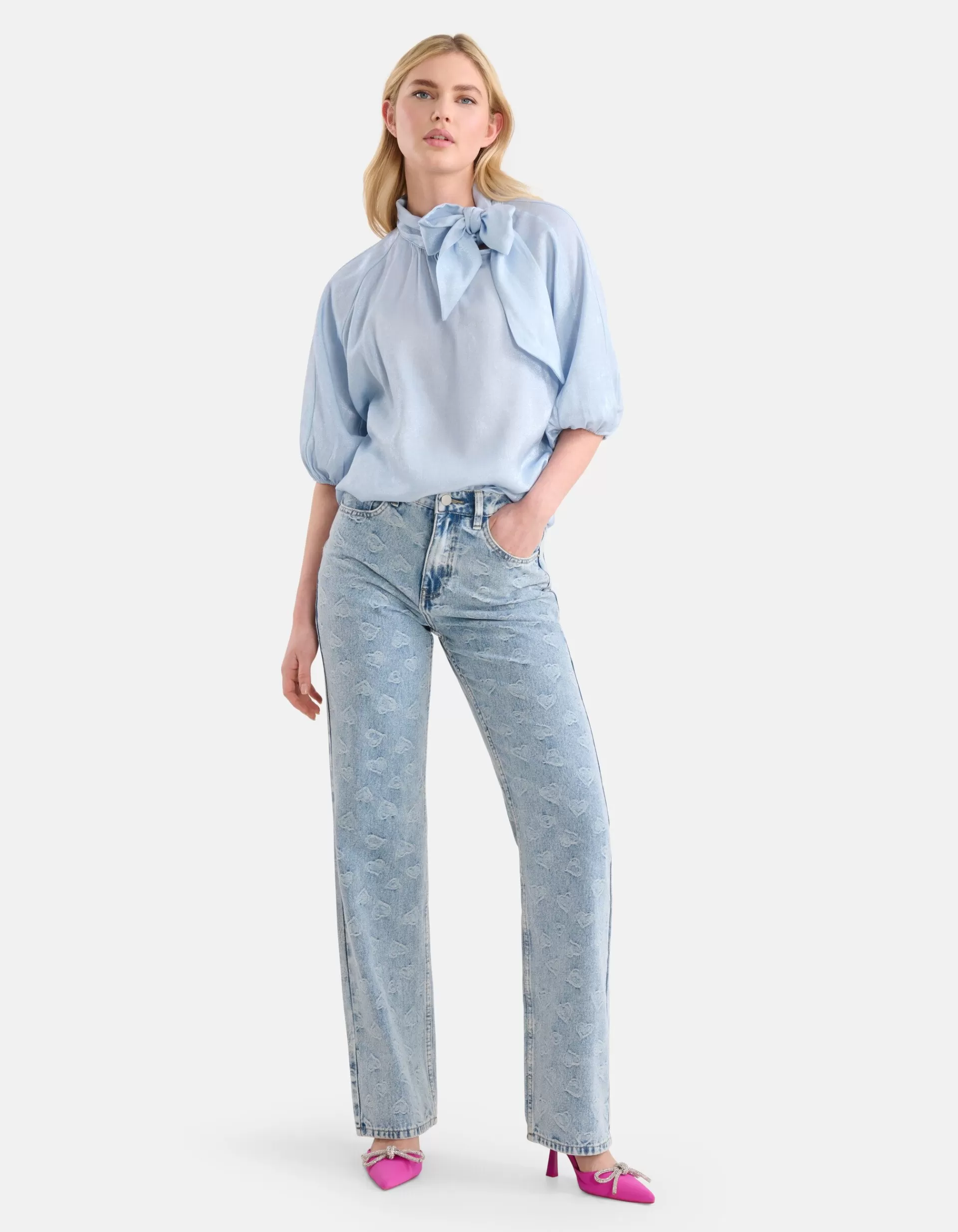 Metallic Denim Blouse Lichtblauw>Shoeby Discount