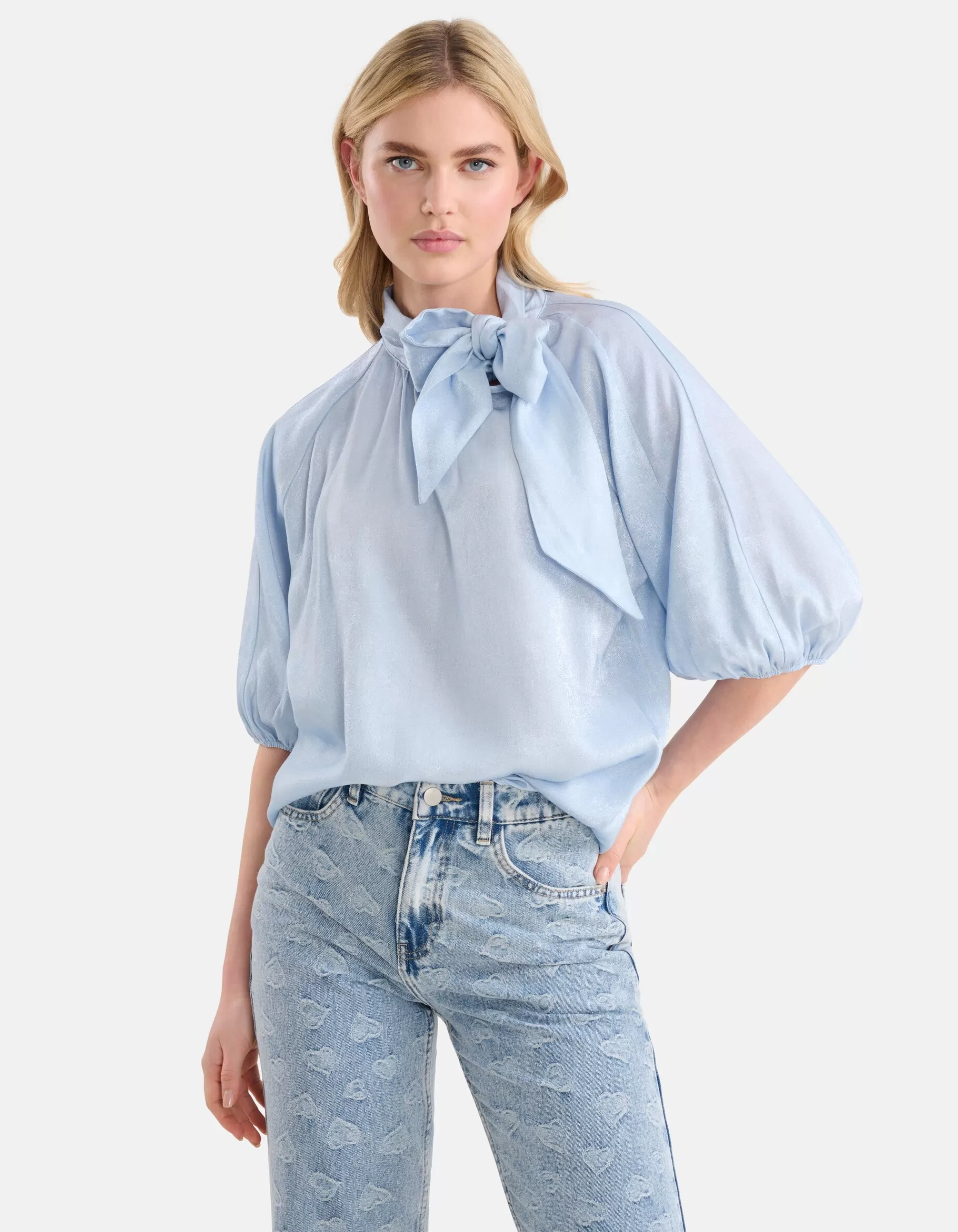 Metallic Denim Blouse Lichtblauw>Shoeby Discount