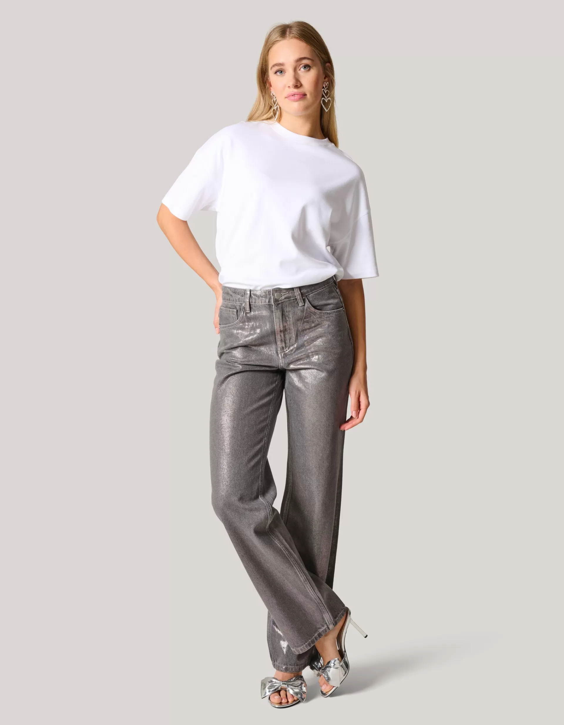 Metallic Wide Leg Jeans Donkergrijs>Shoeby Flash Sale