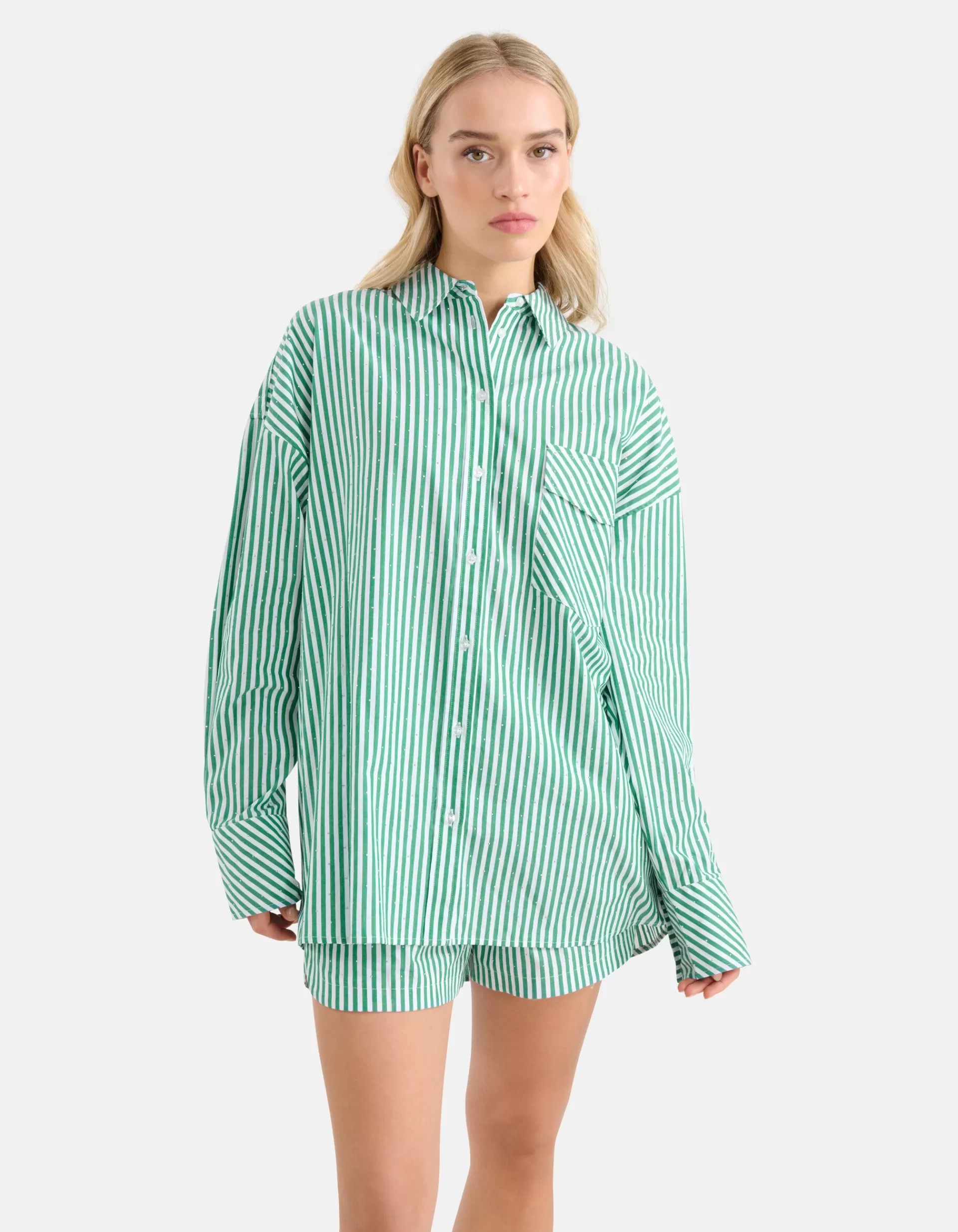 Pinstripe Strass Blouse Groen By Monica>Shoeby Discount