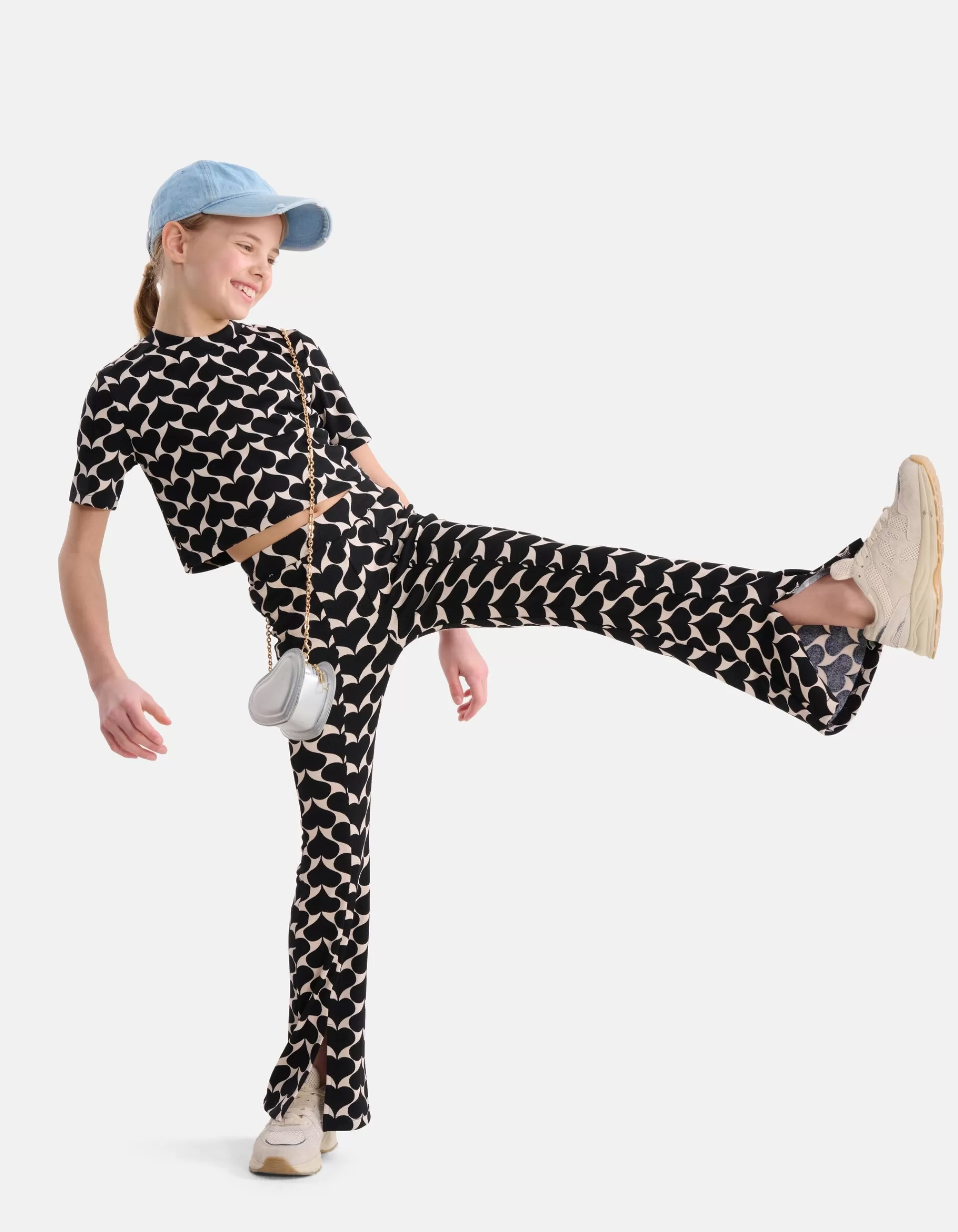 Printed Heart Split Flair Broek Zwart>Shoeby Store