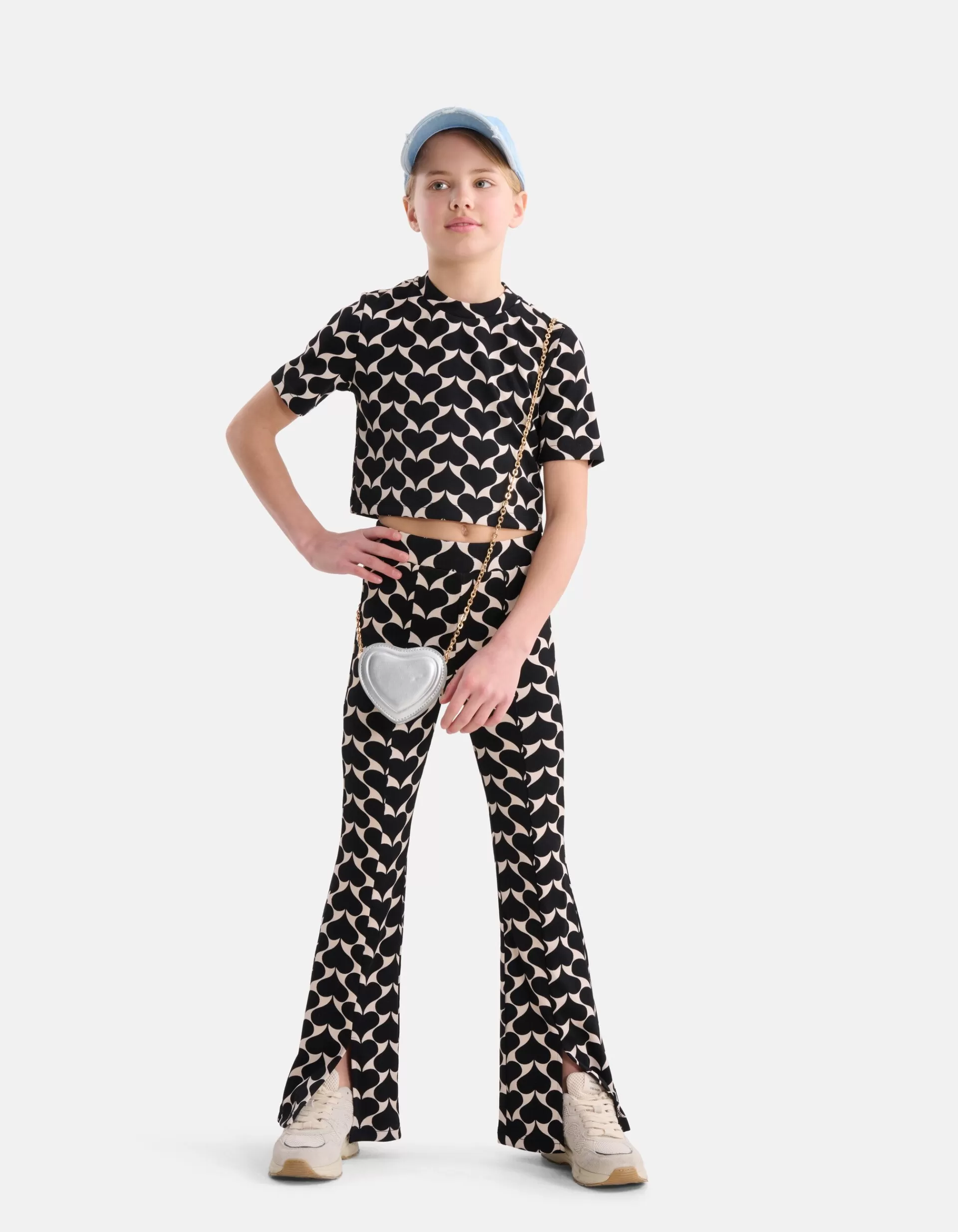 Printed Heart Split Flair Broek Zwart>Shoeby Store