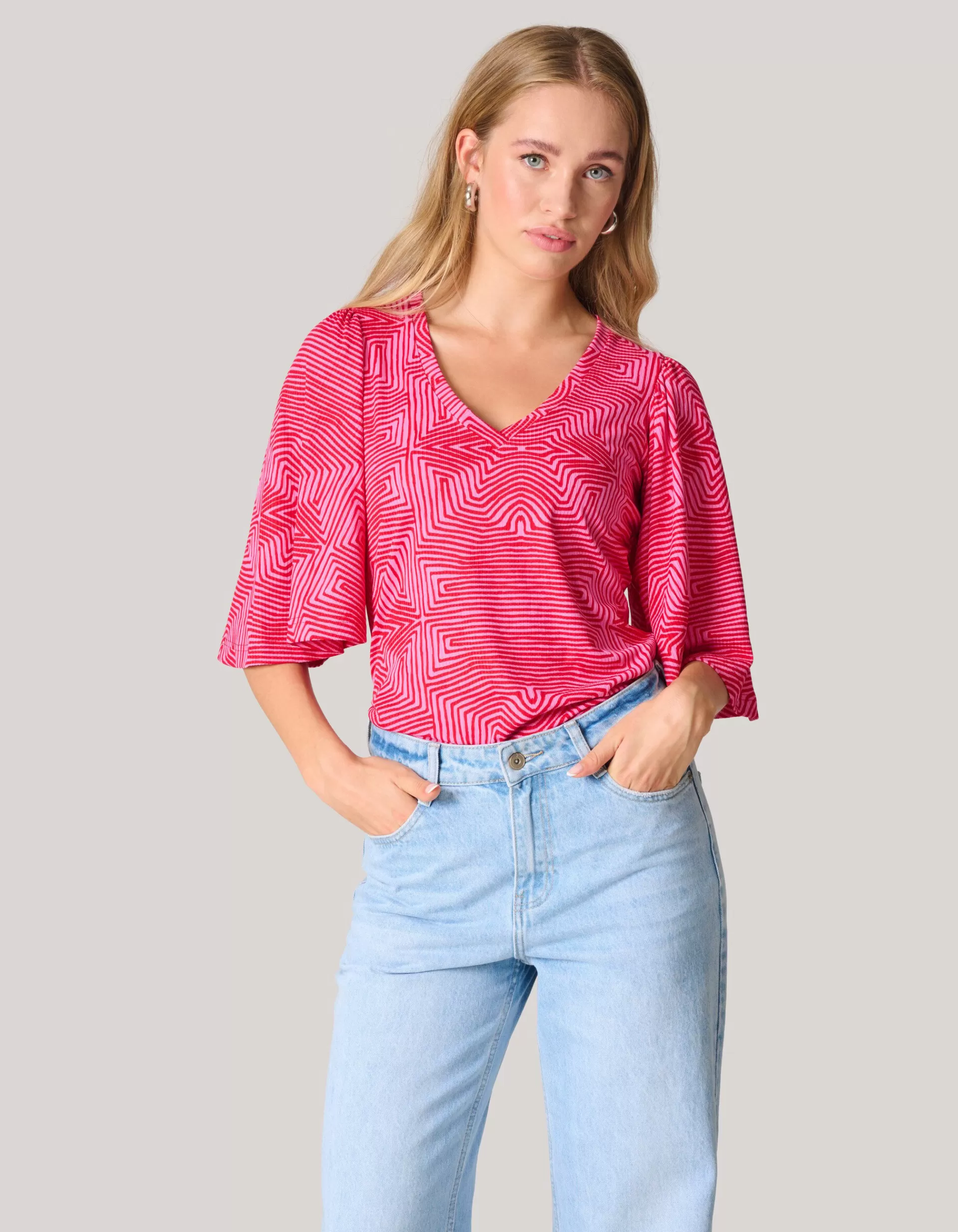 Printed Rib Jersey Ruffle Top Roze>Shoeby Online