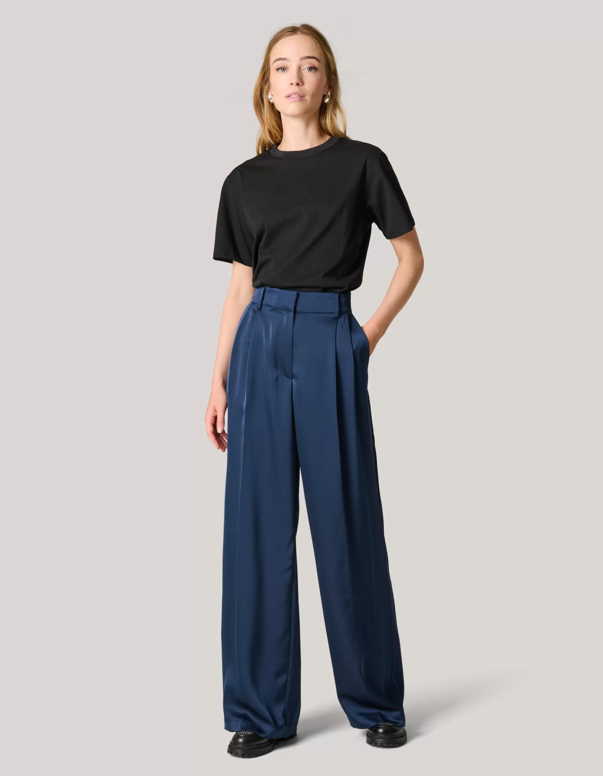 Satijnen Wide Leg Broek Donkerblauw>Shoeby Outlet